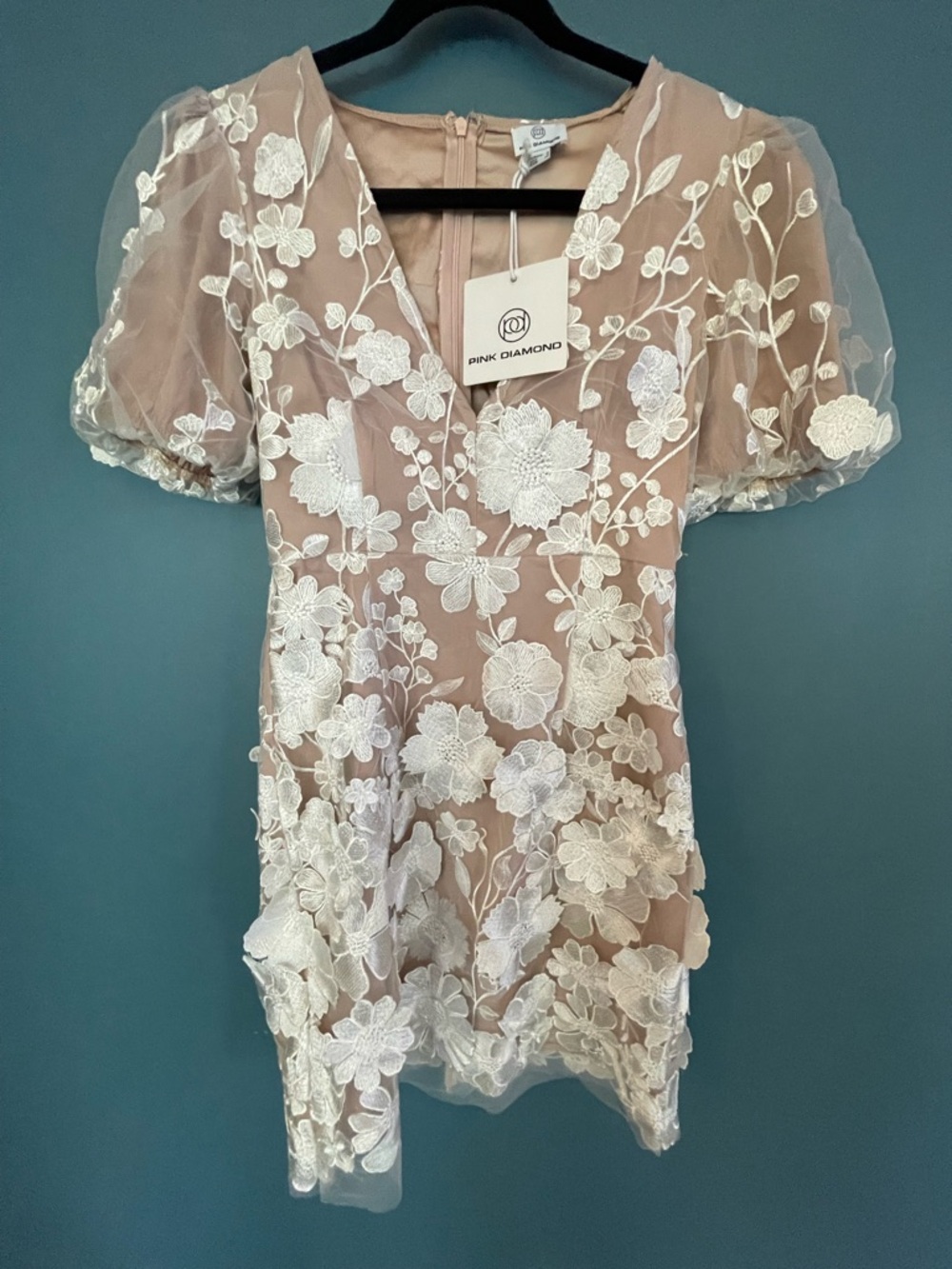 NWT Pink Diamond Nude 3D Floral Lace Overlay Mini Dress
